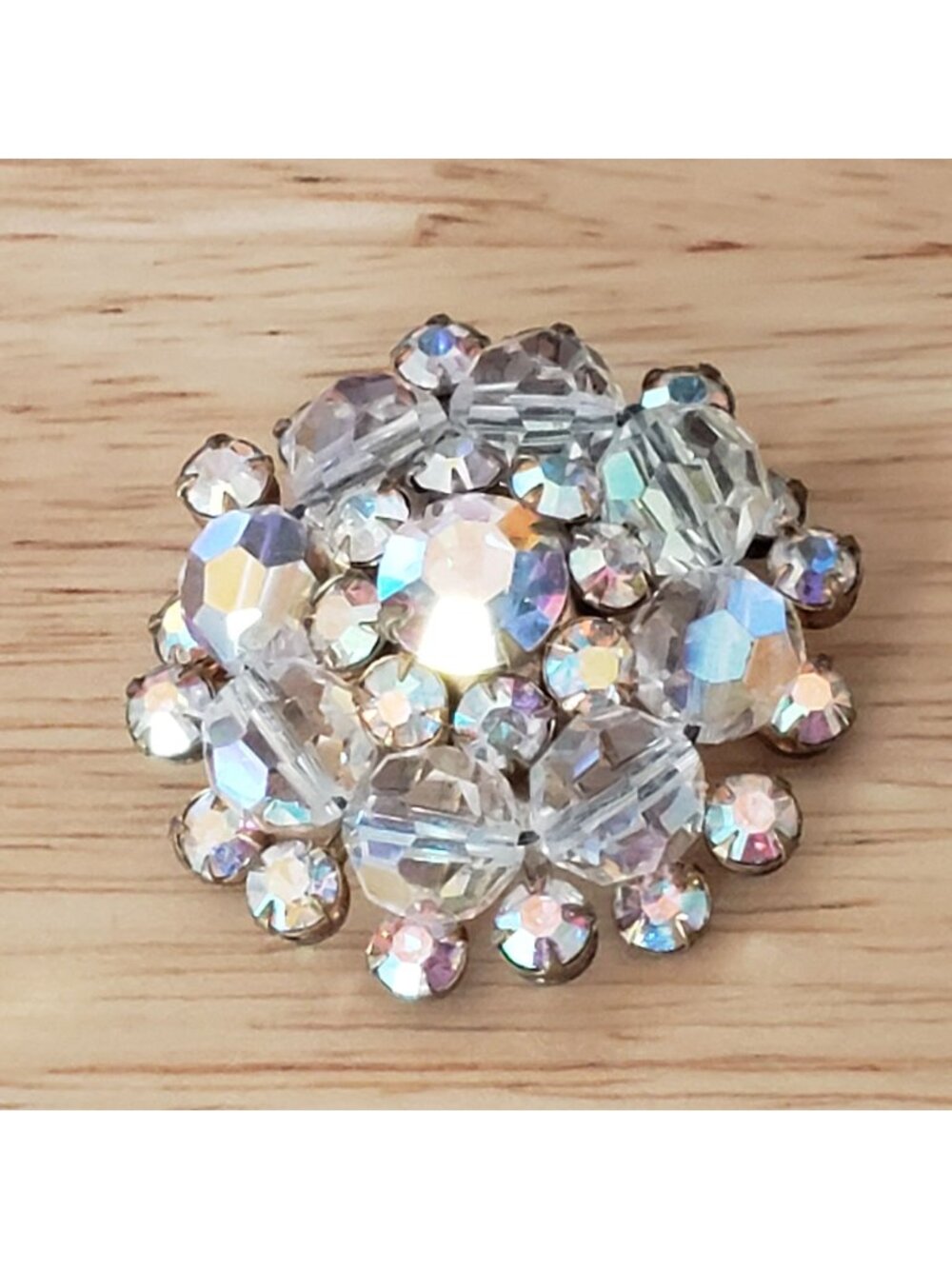 Vintage AB Rhinestone Cluster Brooch Clear Aurora Borealis Glass 1.25"